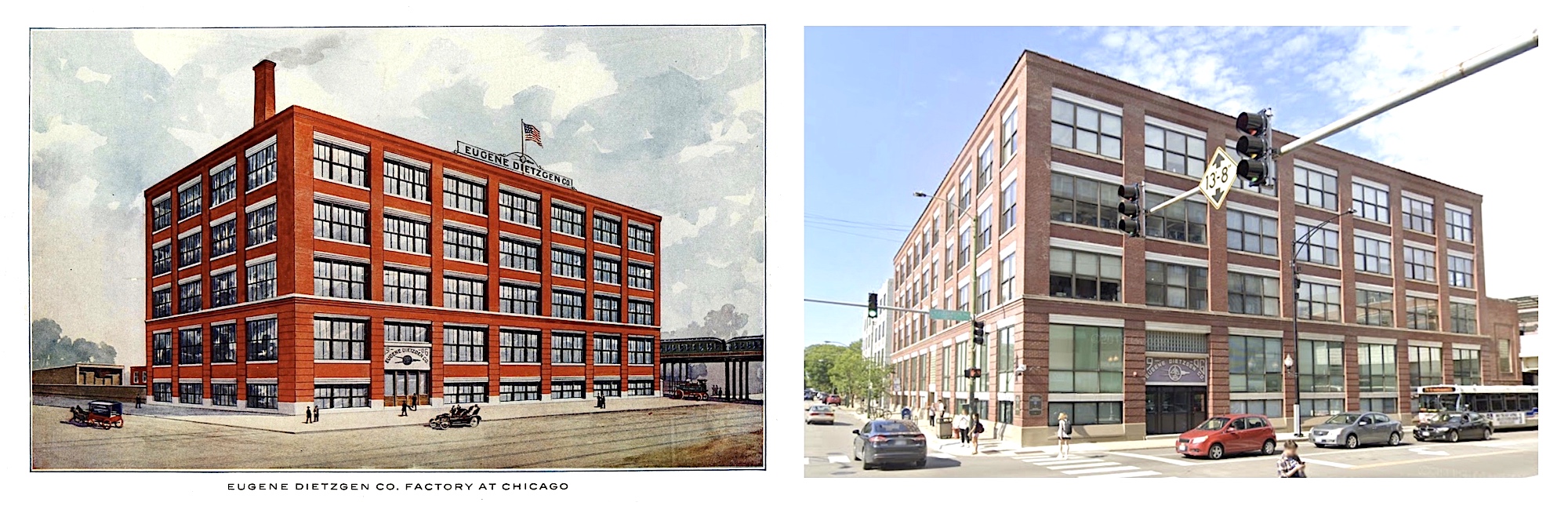 Dietzgen Building, 990 W. Fullerton Ave, Chicago, 1906 and 2021, now owned by De Paul University. Photo courtesy Made in Chicago Museum.