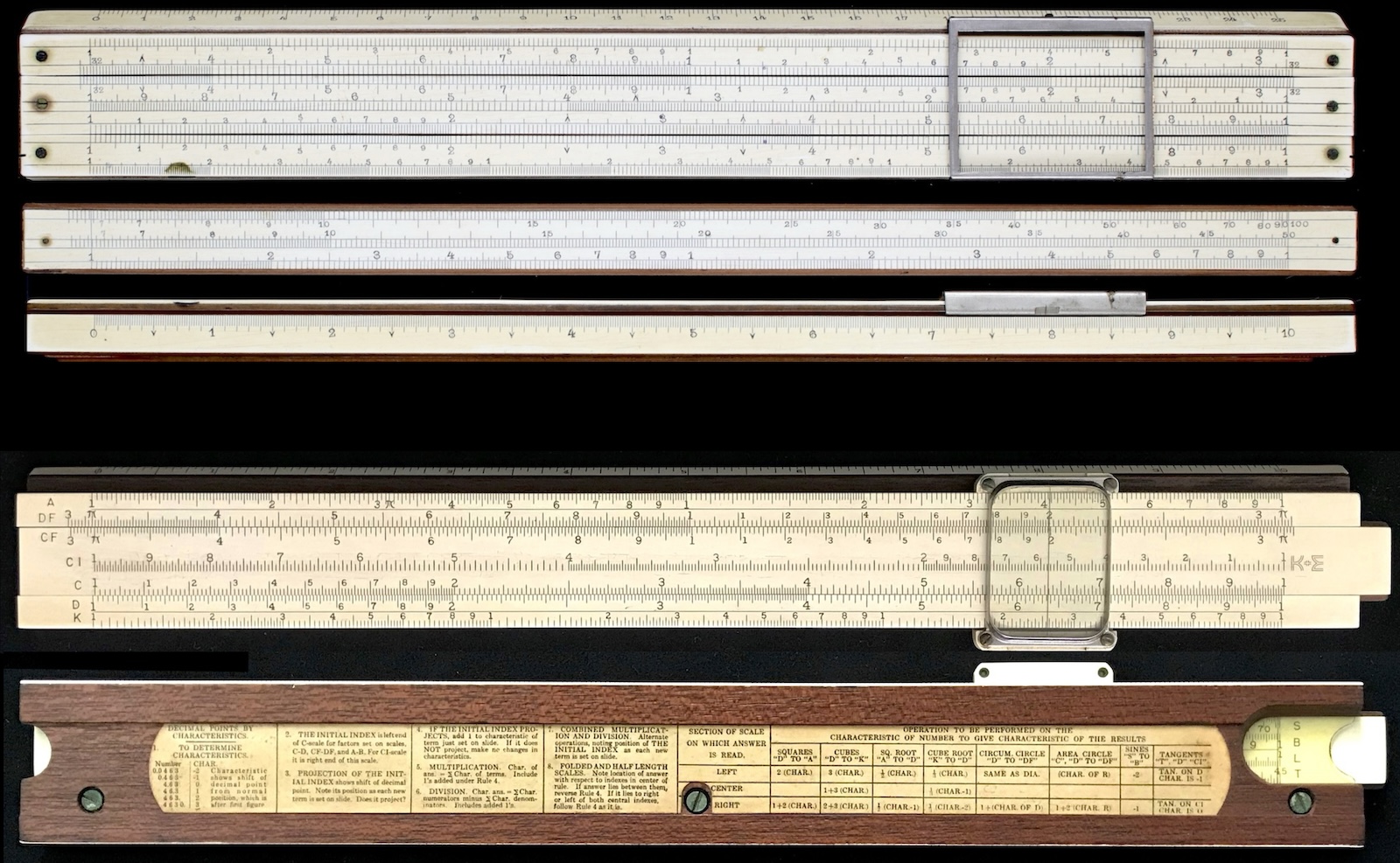 The relevant scales of the Beghin (top) and Mystery (bottom) slide rules.