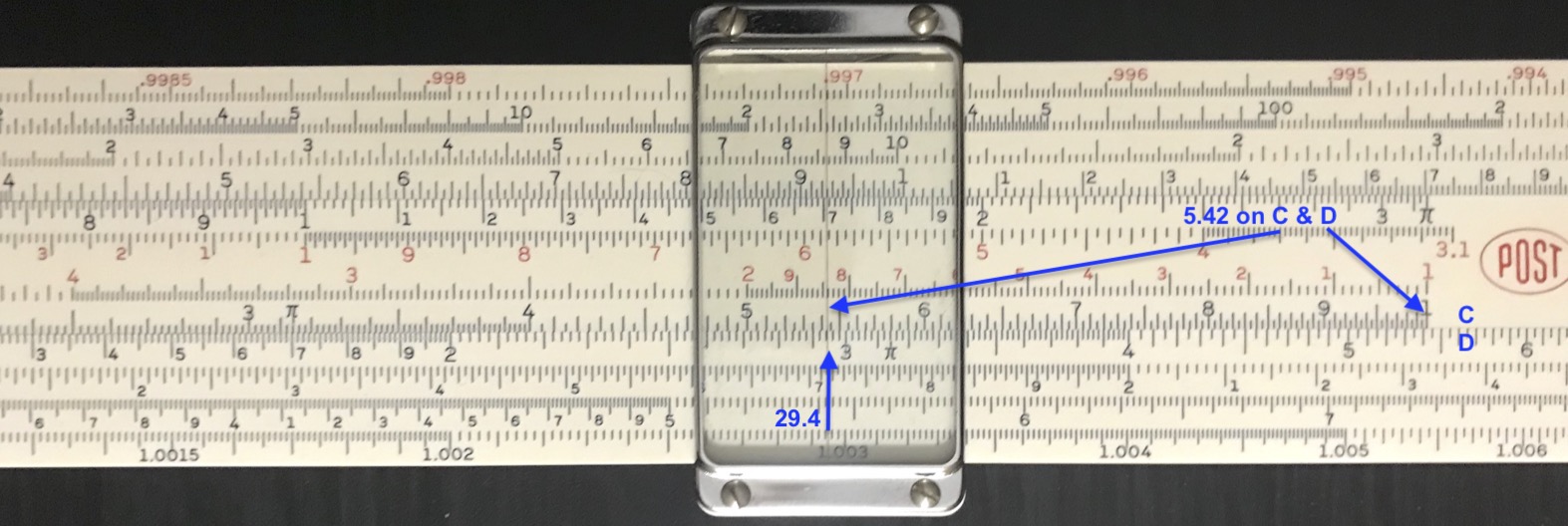 Finding square root of number using C and D scales.
