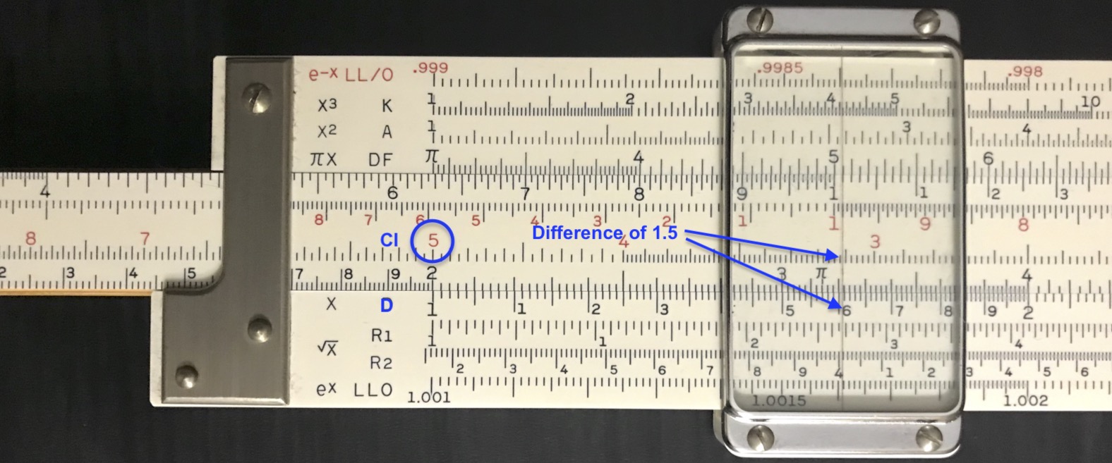 Solutions to quadratic equation on slide rule.